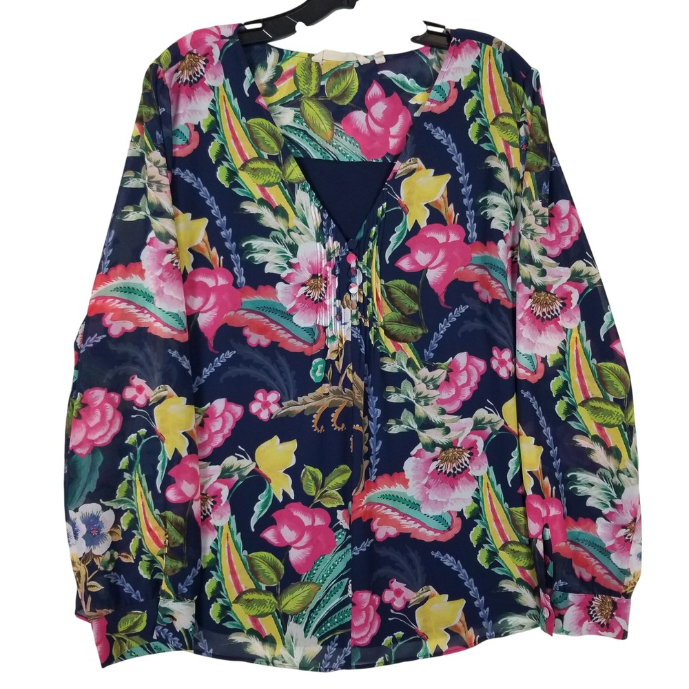 Soft Surroundings Navy Blue Floral‎ Pintuck V-Neck Blouse XL Long Sleeve Top